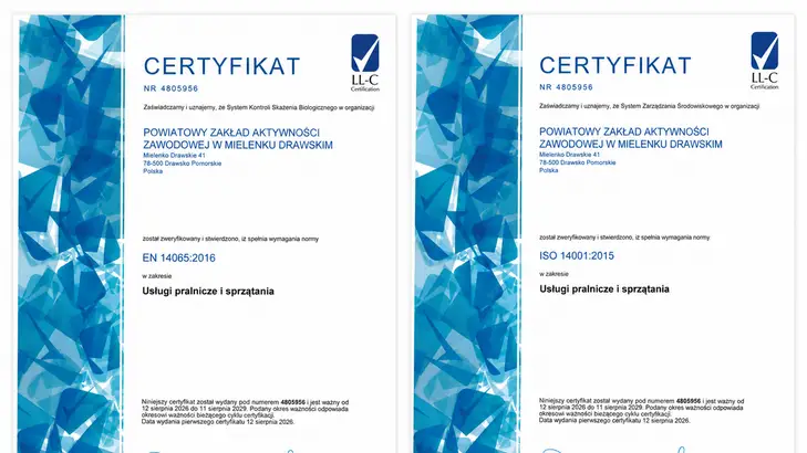 Powiatowy Zakład Aktywności Zawodowej w Mielenku Drawskim zdobył certyfikaty ISO