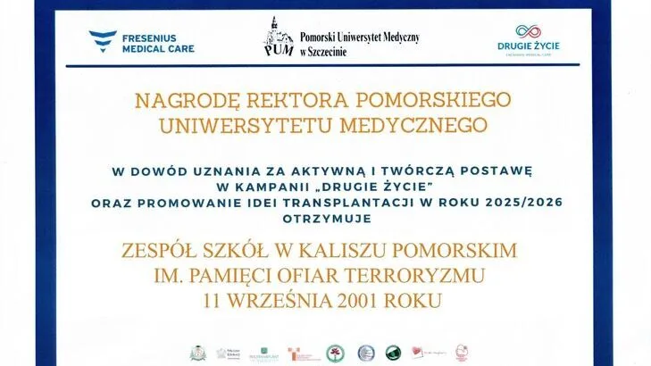 Nagroda Rektora Pomorskiego Uniwersytetu Medycznego dla Zespołu Szkół w Kaliszu Pomorskim