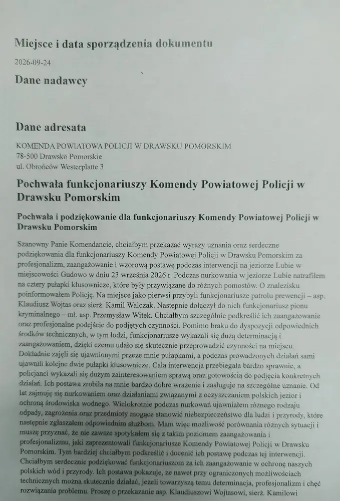 Uznanie dla policjantów z Drawska Pomorskiego za interwencję w sprawie kłusownictwa