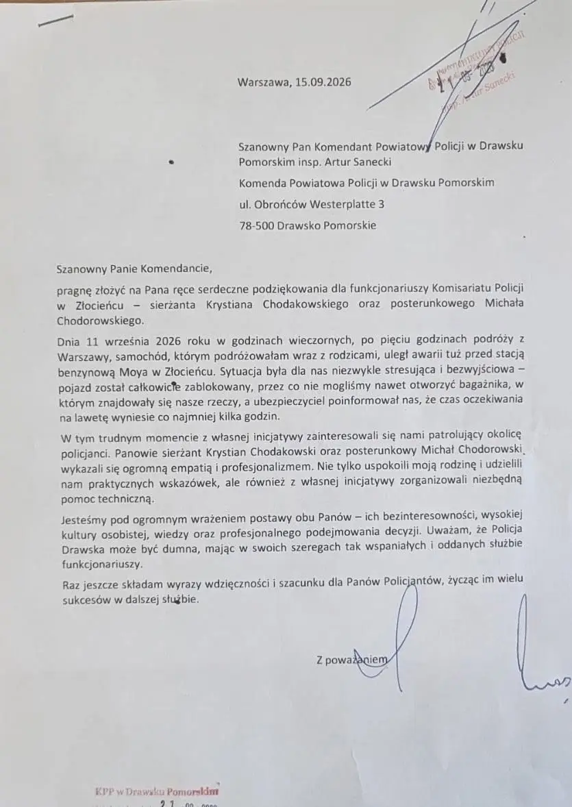 Podziękowania dla policjantów z Złocieńca za empatyczną interwencję